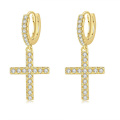 High Polish PVD Gold Plated Aretes Para Hombre Cubic Zirconia Brass Drop Cross Earrings